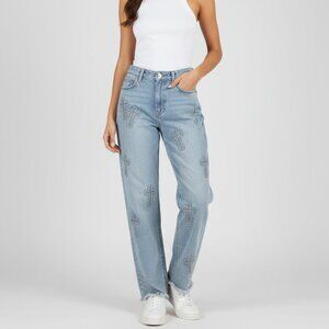 Austin Landing Cross Patch Jeans Size 7 Studded Detail Distressed Hem
